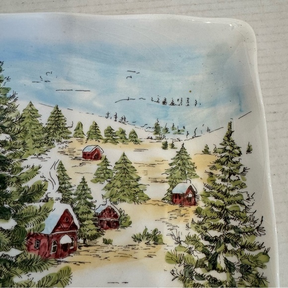 Maxcera SNOWVILLE Square Dinner Plate Winter Snowy Forest House Evergreen Set 2 - Picture 11 of 16